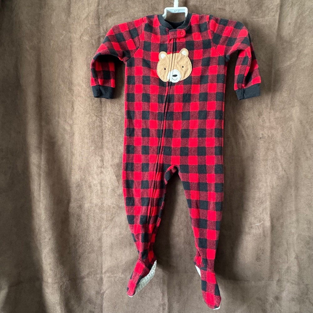 Carters Toddler Boys Red Black Buffalo Plaid Bear Fleece Footed Pajamas 2T